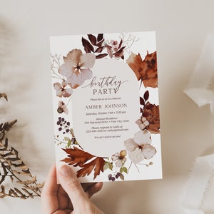 Autumn Birthday Party Invitation, Fall Floral Birthday Invite, Pressed Flowers, Fall Leaves, Rustic Tones, DIY Editable Template 234