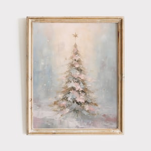 Pastel Christmas Tree Painting, Pink Winter Scene Art Print, Vintage Holiday Mantel Decor, Girly Apartment Wall Art, Digital Art Download