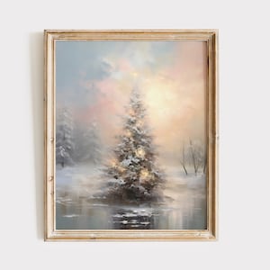Pastel Christmas Tree Painting, Pink Winter Scene Art Print, Vintage Holiday Mantel Decor, Girly Apartment Wall Art, Digital Art Download