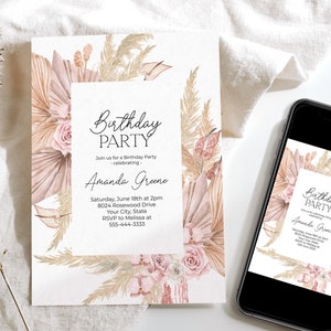 Boho Birthday Party Invitation, Any Age, Bohemian Birthday Invite, Pampas Grass, Dried Flowers, Pink Floral, Tan, DIY Editable Template 160
