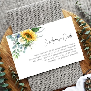 Sunflower Enclosure Card, Rustic Wedding Invitation Insert Card, Bridal Shower, Baby Shower, Detail Card, DIY Editable Template 322