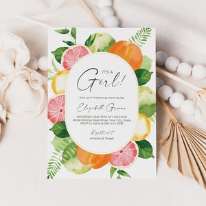 It&#39;s A Girl Invitation, Citrus Baby Shower Invite, Baby Girl Invite, Summer Fruit, Oranges, Grapefruit, DIY Editable Template 151