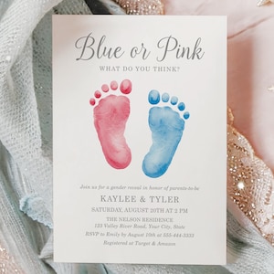 Baby Footprints Gender Reveal Party Invitation, Editable Template, Blue or Pink What Do You Think Invite, Boy or Girl Invite Printable