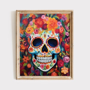 Impression d'art imprimable Fiesta Floral Sugar Skull, décoration de fête le jour des morts, décoration murale Dia de los Muertos, décoration d'intérieur mexicaine