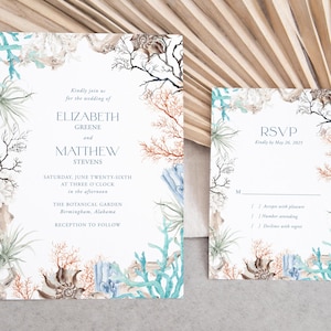 Conjunto de invitaciones de boda con temática costera, conjunto de invitaciones de boda con temática de playa, tarjeta RSVP, coral azul tostado, conchas marinas, conchas, plantilla editable DIY 429