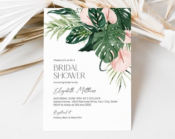 Tropical Jungle Bridal Shower Invitation, Tropical Greenery Wedding Shower Invite, Palm Leaves, Monstera, Floral, DIY Editable Template 287