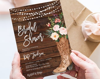 Bohemian Bridal Shower Invitation, Rustic Boho Wedding Shower Invite, Cowgirl Boot, String Lights, Wood, Blush, DIY Corjl Template 265