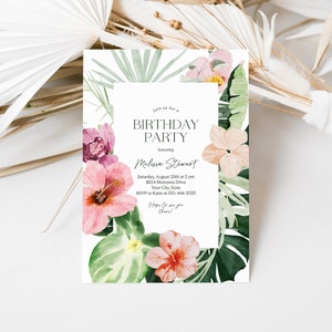 Hibiscus Floral Birthday Party Invitation, Boho Tropical Birthday Invite, Monstera Leaves, Jungle Greenery, DIY Editable Template 209