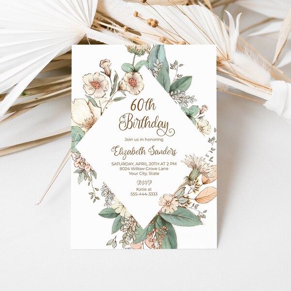 Wildflower 60th Birthday Party Invitation, Vintage Floral Woman's Birthday Invite, Cottagecore, Sixtieth, Sixty, DIY Editable Template 134