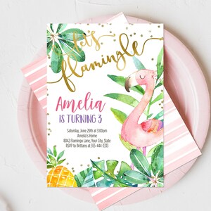 Flamingo Birthday Party Invitation, Editable Template, Let’s Flamingle Invite, Pink Flamingo Invitation, Pineapple, Greenery, Any Age, Corjl