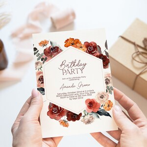 Fall Floral Birthday Party Invitation, Boho Autumn Birthday Invite, Any Age, Burgundy and Orange Flowers, DIY Editable Template