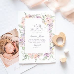 Lavender and Blush Baby Brunch Invitation, Baby Shower Invite, Spring Floral, Pink Flowers, Baby Girl Invite, DIY Editable Template 161