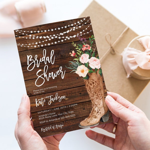 Bohemian Bridal Shower Invitation, Rustic Boho Wedding Shower Invite, Cowgirl Boot, String Lights, Wood, Blush, DIY Corjl Template 265