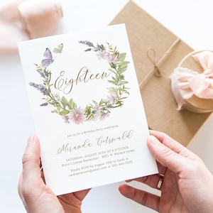 Spring Wreath 18th Birthday Party Invitation, Boho Woman’s Birthday Invite, Wildflowers, Eighteen, Eighteenth, DIY Corjl Template 122