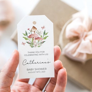 Pink Mushroom Favor Tag, 3.5x2, Floral Woodland Thank You Favor Tag, Boho Baby Shower Decoration, Forest Gift Tag, DIY Corjl Template 105