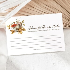Carte de voeux champignons d'automne pour la future maman, téléchargement immédiat, carte de conseils pour bébé, jeu de baby shower des bois, activité de douche de forêt 352