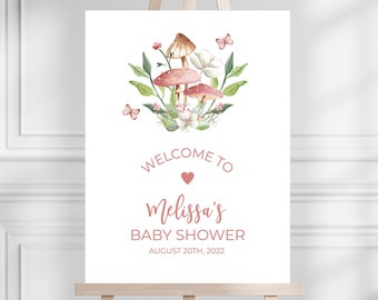 Pink Mushroom Welcome Sign, 18x24, Woodland Welcome Poster, Forest Greenery Baby Shower Decoration, Girl Shower, DIY Editable Template 105