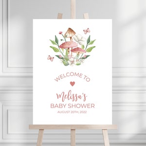 Cartello di benvenuto a forma di fungo rosa, 18x24, poster di benvenuto nel bosco, decorazione per baby shower con verde foresta, baby shower per bambine, modello modificabile fai da te 105