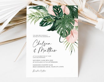 Tropical Jungle Wedding Invitation, Tropical Greenery Wedding Invite, Palm Leaves, Monstera, Pink Floral, DIY Editable Template 287