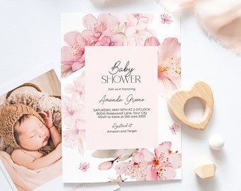 Sakura Blossoms Baby Shower Invitation, Cherry Blossoms Baby Brunch Invite, Pink Baby Girl Invite, Spring Floral, DIY Editable Template 190