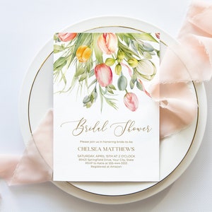 Tulpen-Brautparty-Einladung, Frühlings-Blumen-Braut-Brunch-Einladung, Gartenblüten, Pastellblumen, DIY bearbeitbare Vorlage 102