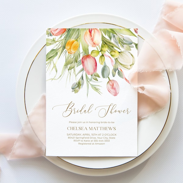 Tulip Bridal Shower Invitation, Spring Floral Bridal Brunch Invite, Garden Blooms, Pastel Flowers, DIY Editable Template 102