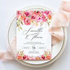 Pink Floral Wedding Invitation, Boho Wedding Invite, Colorful Flowers, Spring Floral, Summer Wedding, DIY Editable Template 440