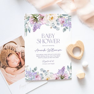 Peony and Lilac Baby Shower Invitation, Boho Baby Brunch Invite, Pink and Purple Floral, Spring Floral, DIY Editable Template 165