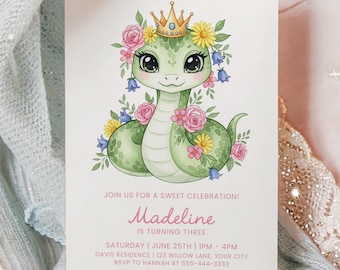 May include: A birthday invitation featuring a cartoon snake wearing a crown and floral wreath. The invitation includes the name "Madeline" and event details: date, time, and location. The snake is green with pink and yellow flowers.