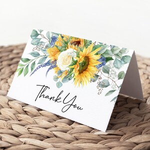 Sonnenblume und weiße Rose Dankeskarten-Vorlage, Sommer Blumen Brautparty Dankeskarte, Boho Land Blumenhochzeit Dankeskarte 322
