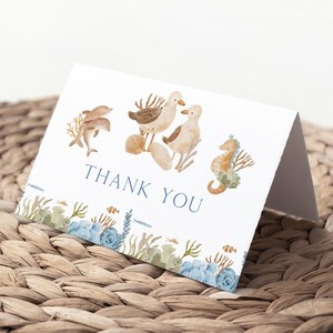 Biglietto di ringraziamento per baby shower "Sotto il mare", modificabile, biglietto pieghevole per bambino, modello di biglietto stampabile a tema oceano 221
