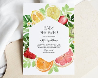 Citrus Baby Shower Invitation, Summer Themed Couples Shower Invite, Fruit, Lemon Grapefruit Oranges, Lime, DIY Editable Template 177