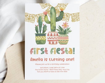 First Fiesta Birthday Party Invitation, Mexican Kid's 1st Birthday Party Invite, Cactus Invitation, Succulents, DIY Editable Template 446