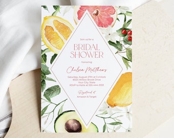 Summer Fruit Bridal Shower Invitation, Citrus Bridal Brunch Invitation, Botanical, Lemons, Grapefruit, Avocado, DIY Editable Template 177