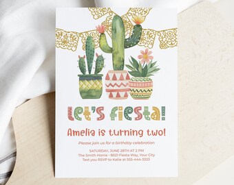 Let's Fiesta Birthday Party Invitation, Mexican Kid's Birthday Invite, Cactus Birthday Party Invite, Succulent, DIY Editable Template 446