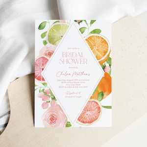 Citrus Bridal Shower Invitation, Bridal Brunch Invite, Summer Fruit, Oranges, Grapefruit, Pink Floral, DIY Editable Template 151