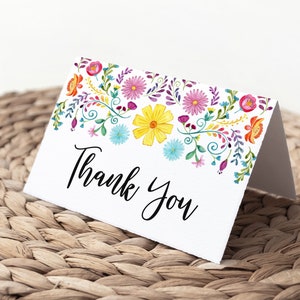 Tarjeta de agradecimiento de fiesta, nota de agradecimiento con flores mexicanas, boda colorida, despedida de soltera, baby shower, plantilla editable para fiesta de cumpleaños 353
