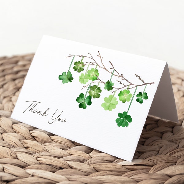 St. Patrick's Day Thank You Card, Bridal Shower Thank You Note, Baby Shower Thank You, Hanging Shamrocks, Branch, DIY Editable Template 326