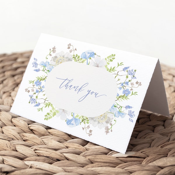 French Country Thank You Card, Blue Floral Thank You Note, Cottage Floral, Wildflowers, Light Blue, Watercolor, DIY Editable Template 142