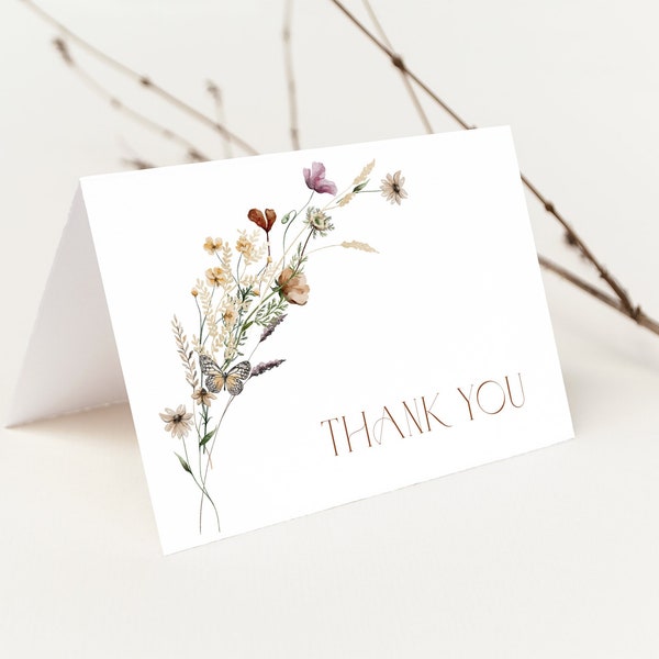 Rustic Wildflower Thank You Card, Cottage Floral Thank You Note, Autumn Field Flowers, Butterflies, Muted Tones, DIY Editable Template 277