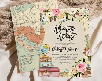 Travel Bridal Shower Invitation, Adventure Awaits Invitation, Travel Wedding Shower Invite Map Suitcases Globe DIY Editable Template 407 375