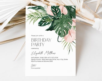 Tropical Jungle Birthday Party Invitation, Tropical Greenery Woman's Birthday Invite, Pink Floral, Monstera Leaves DIY Editable Template 287