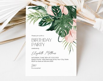 Invitation à la fête d’anniversaire de la jungle tropicale, invitation d’anniversaire de la femme de verdure tropicale, floral rose, Monstera laisse le modèle modifiable DIY 287