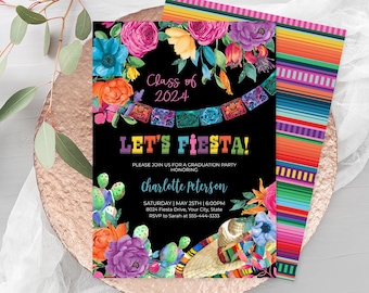 Invitación para fiesta de graduación con temática mexicana, invitación de graduación mexicana, diseño floral mexicano, temática de fiesta, sombrero mexicano, plantilla DIY Corjl 241