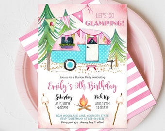 Let’s Go Glamping Birthday Party Invitation, Glamping Birthday Invitation, Slumber Party Invite, Glamping Invite, DIY Editable Template 184