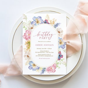 Floral Birthday Party Invitation, Woman&#39;s Birthday Invite, Teen, Country Chic, Garden Floral, Cottage Floral, DIY Editable Template 131