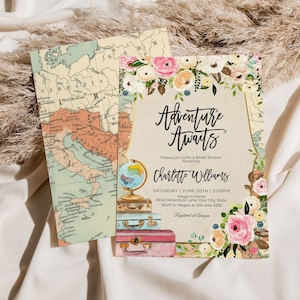 Travel Bridal Shower Invitation, Adventure Awaits Invitation, Travel Wedding Shower Invite Map Suitcases Globe DIY Editable Template 407 375