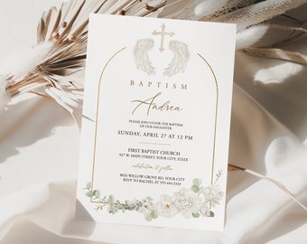 White Floral Baptism Invitation, Angel Wings Baptism Invite, Boho Religious Invite, Eucalyptus Greenery, DIY Editable Template 201