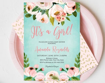 Pink Floral It’s A Girl Baby Shower Invitation, Editable Template, Bohemian Baby Sprinkle Invite, Boho Couples Shower, Teal, Blush Corjl 233