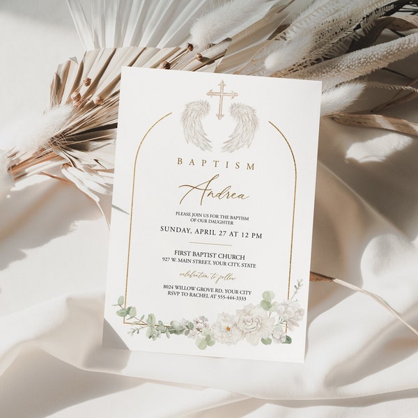 White Floral Baptism Invitation, Angel Wings Baptism Invite, Boho Religious Invite, Eucalyptus Greenery, DIY Editable Template 201